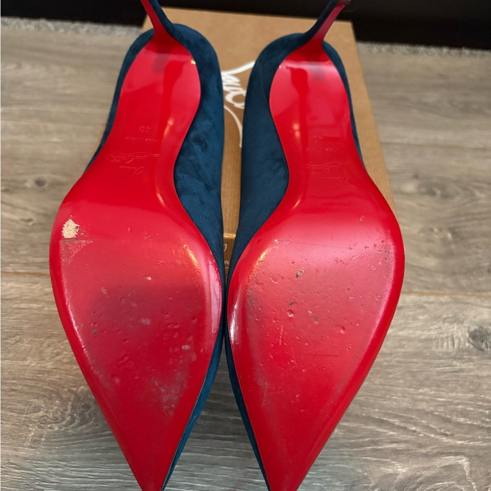 Christian Louboutin Teal Suede Pointed-Toe Pumps - Picture 5 of 6